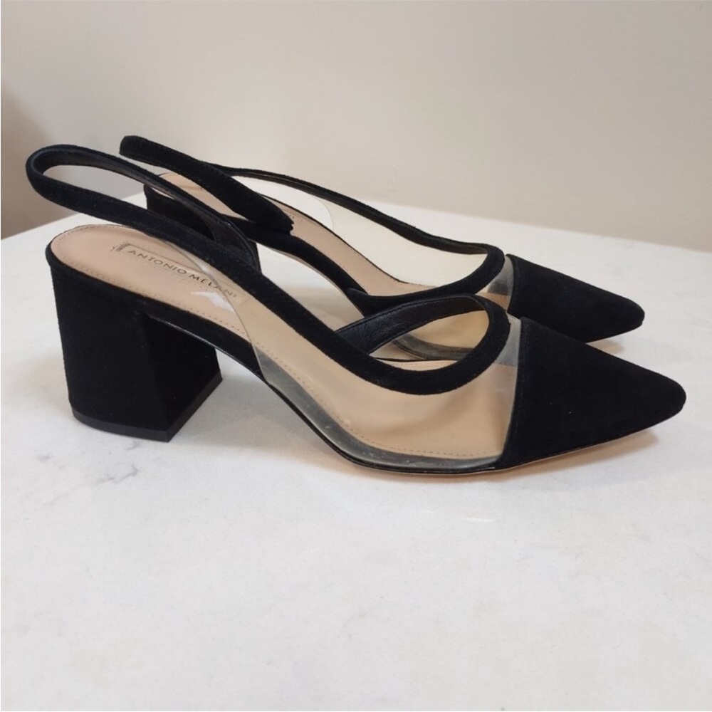 ANTONIO MELANI Black Pointed Slingback Block Heel Pumps - Picture 2 of 4